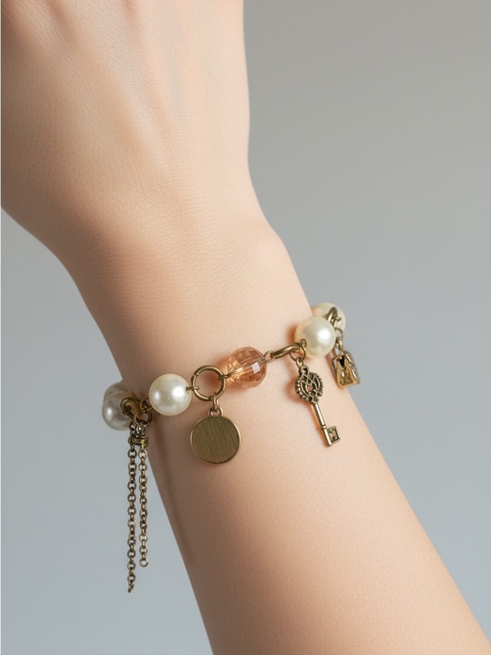 10/7 Gold Pearl & Crystal Charm Bracelet - Elegant Women’s Jewelry